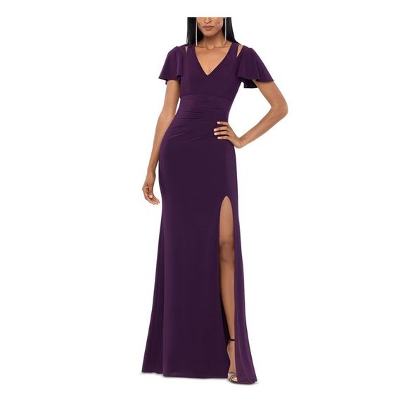 X BY XSCAPE Womens Purple Slit Shoulder Flutter Full-Length Sheath Dress 4 - Picture 1 of 4